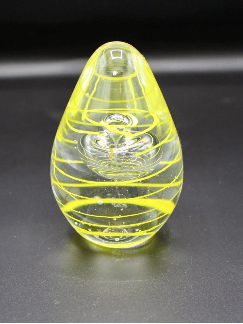 Egg-Shaped Art Glass Paperweight with Yellow Swirl